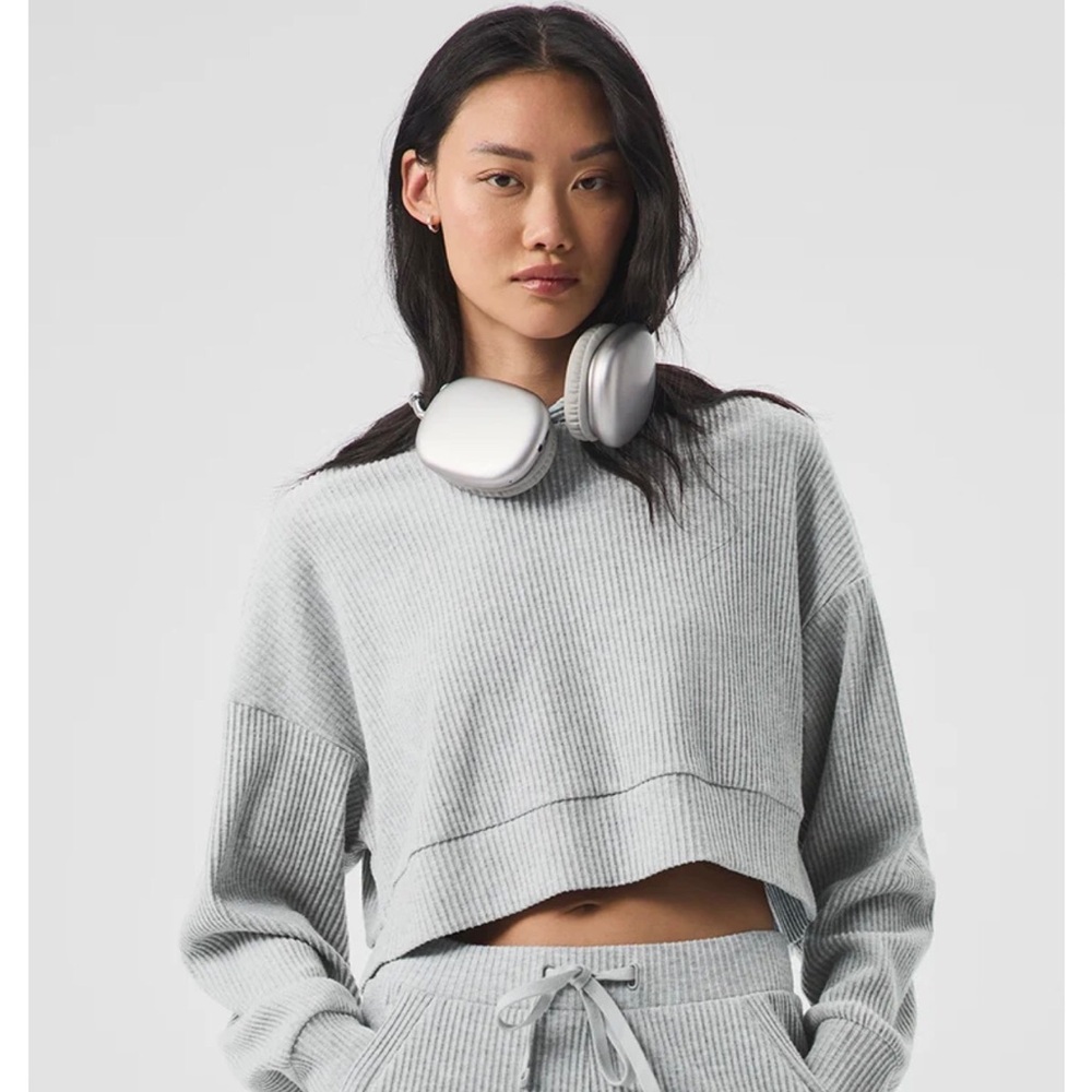 Alo Yoga Muse Hoodie Athletic Heather Grey Cropped Ribbed Size Small G. Conditio